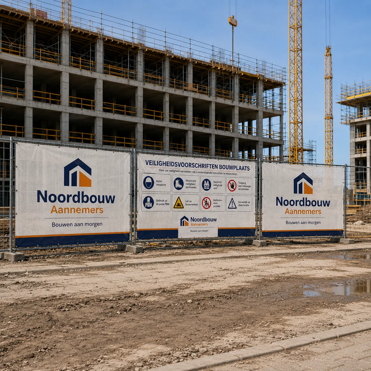 Bedrukte bouwhekdoeken met projectreclame en veiligheidsinformatie.
