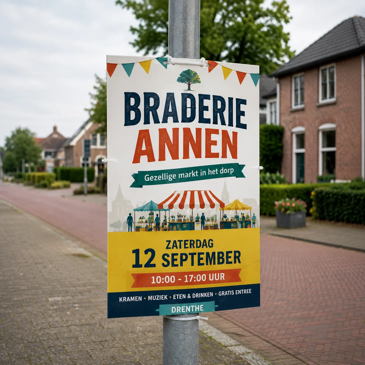 Bedrukt lantaarnpaalbord voor een evenement langs de openbare route.