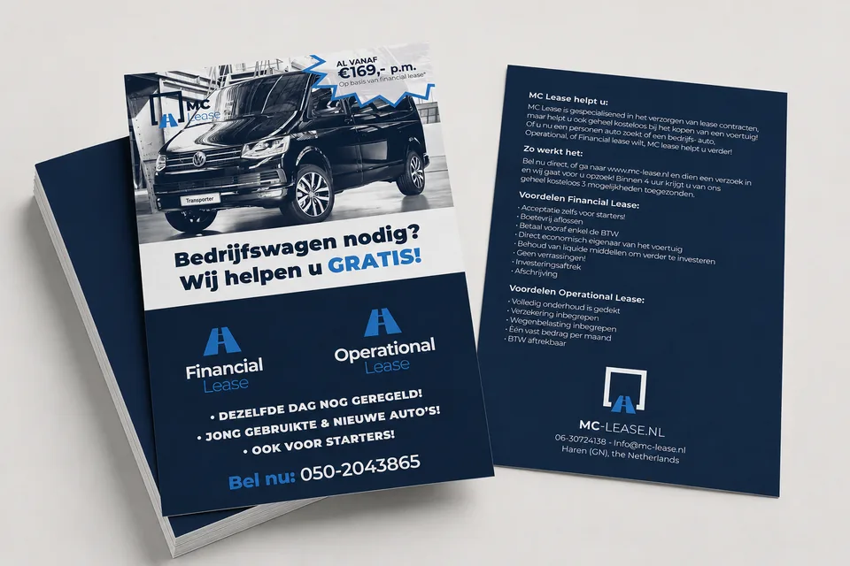 Dubbelzijdige A5-flyers voor MC Lease.