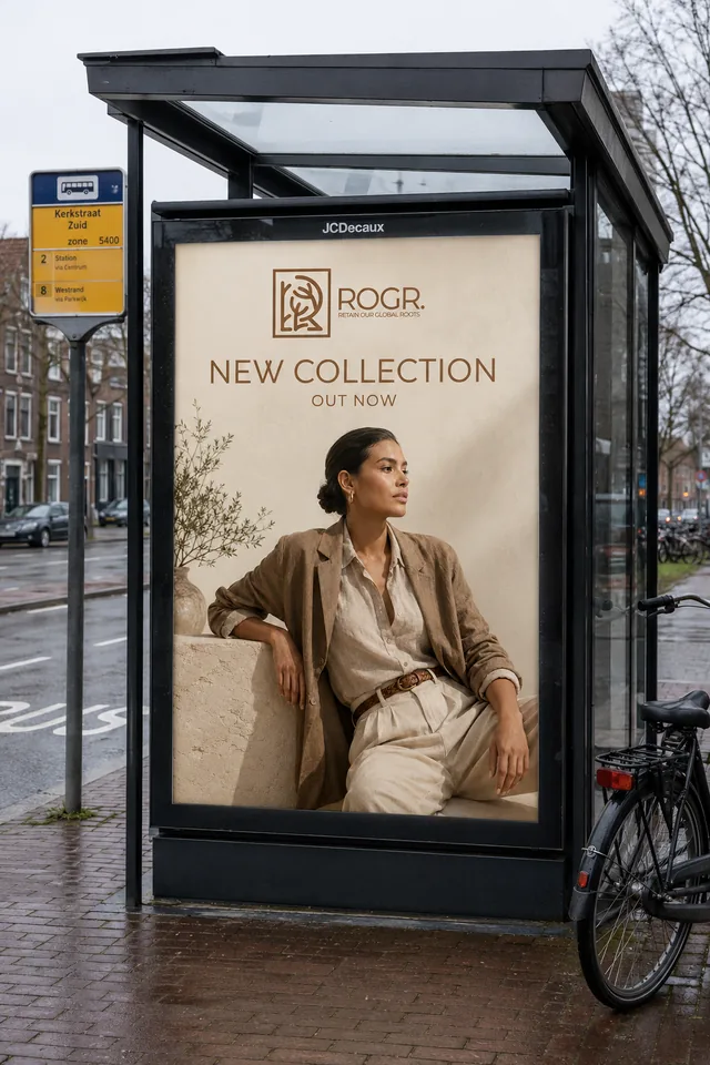 ROGR-poster voor een nieuwe collectie in een Nederlands bushokje.