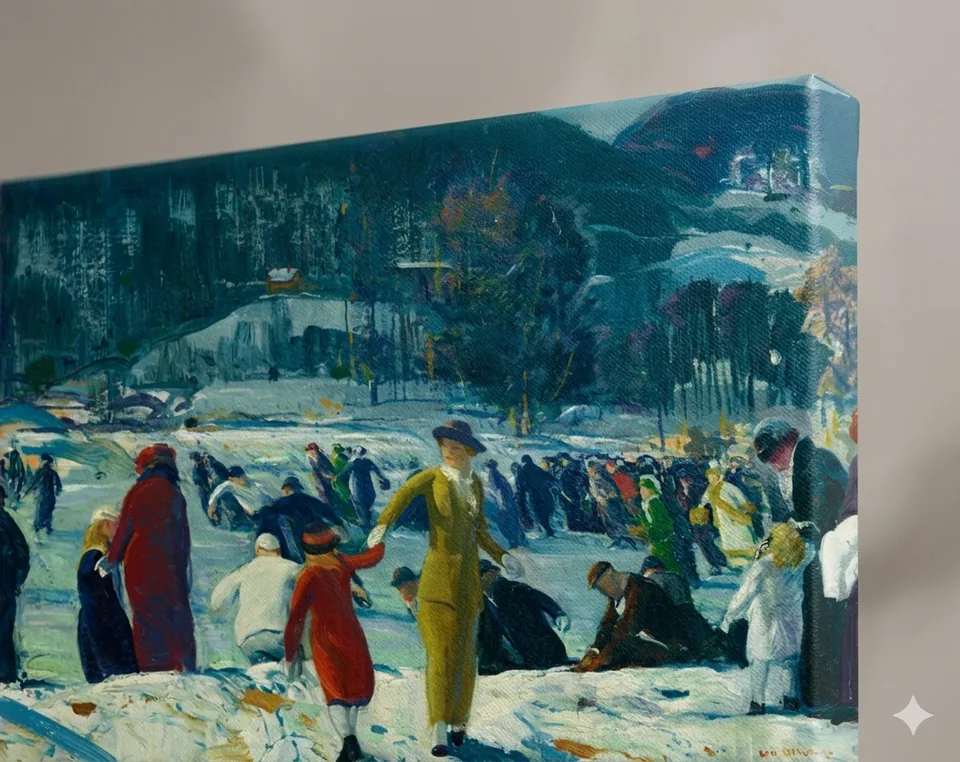 Detail van een winters kunstwerk geprint op canvasdoek.