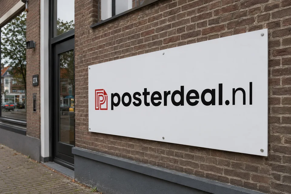 Wit gevelbord van Posterdeal op een bakstenen gevel.