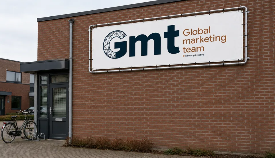Gevelreclame van GMT op een Nederlands bedrijfspand.