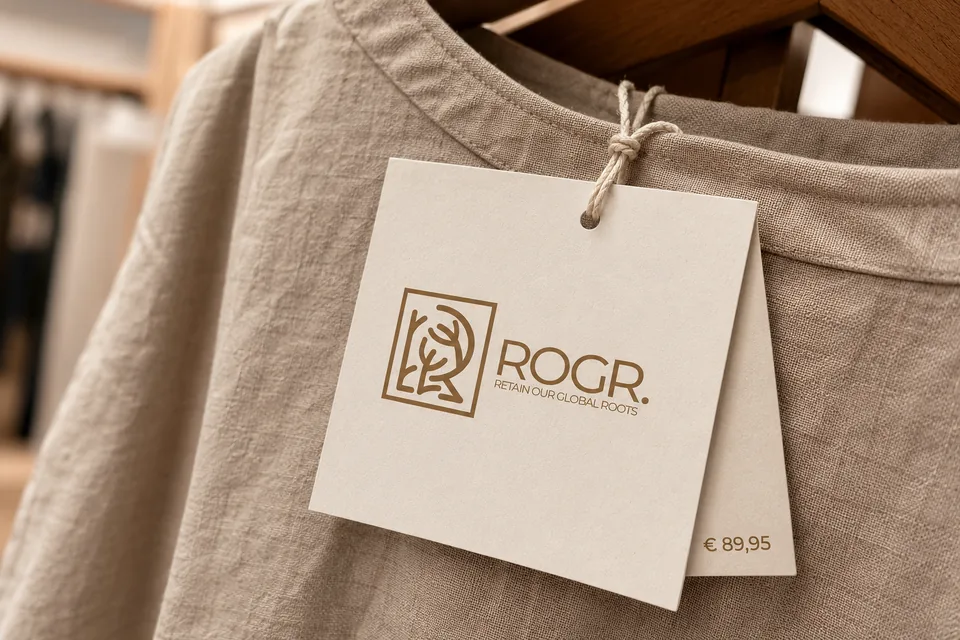 Bedrukte ROGR-hangtag aan een luxe linnen kledingstuk.