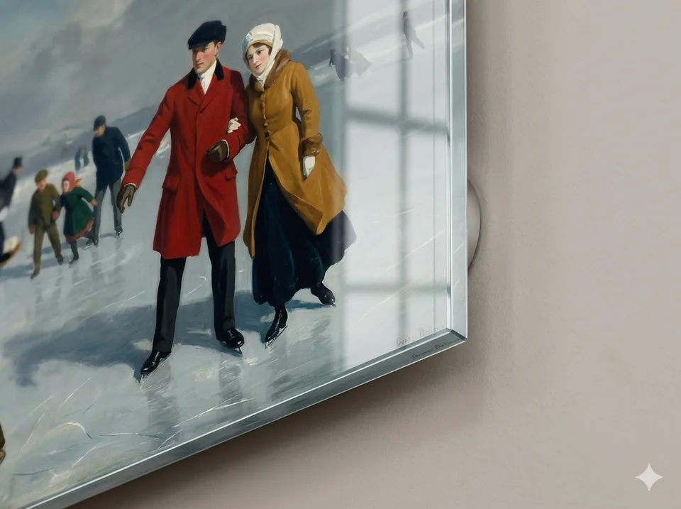 Detail van wanddecoratie op plexiglas met een winters schaatstafereel.