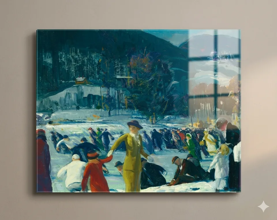 Winters kunstwerk als wanddecoratie op glanzend plexiglas.