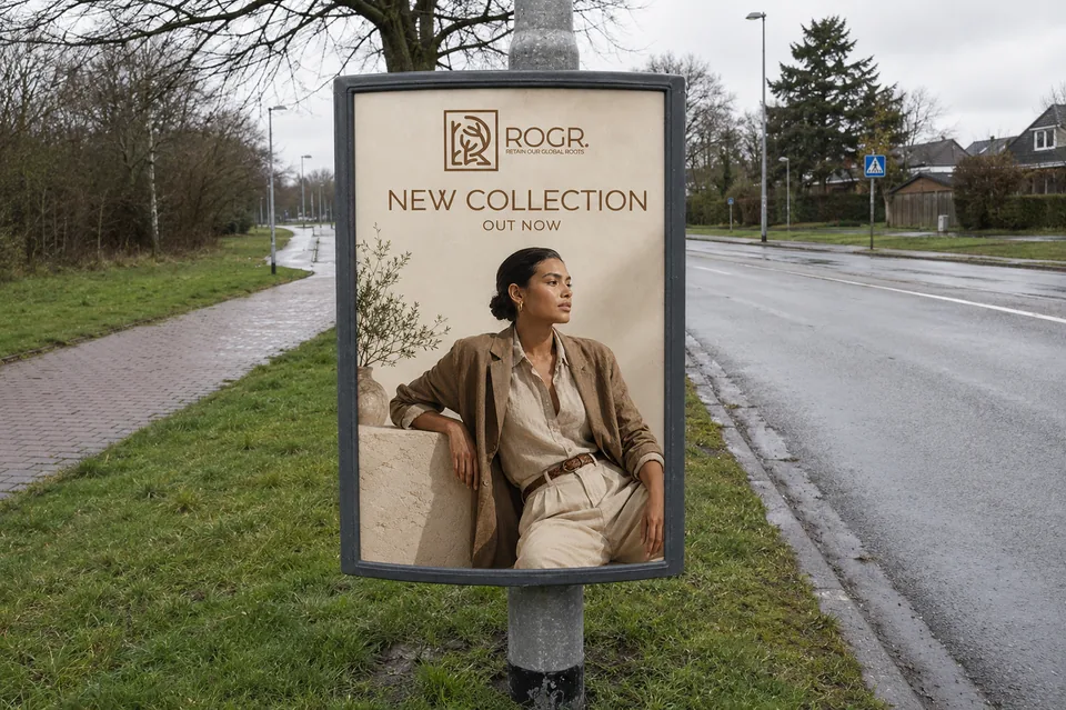 ROGR-poster voor een nieuwe collectie in een lantaarnpaaldisplay.