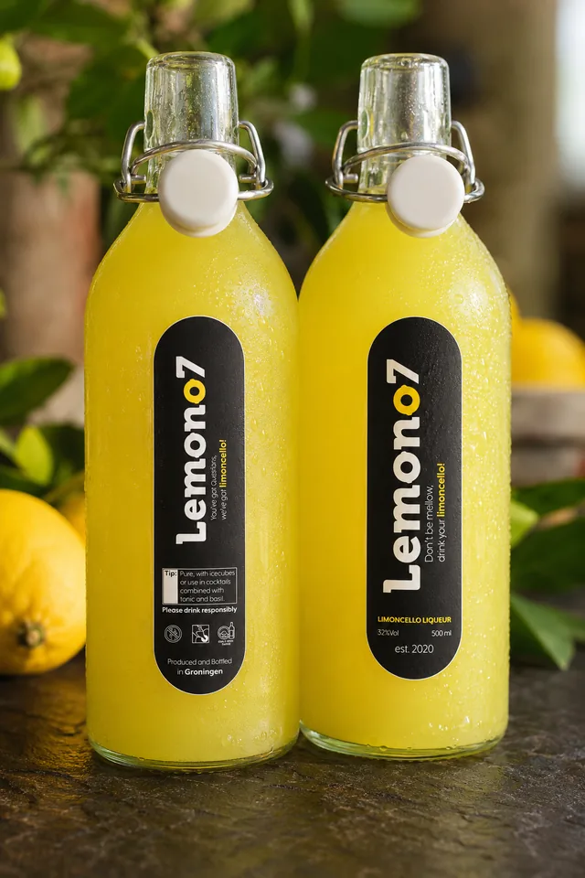 Twee flessen limoncello met gele Lemono7-etiketten.