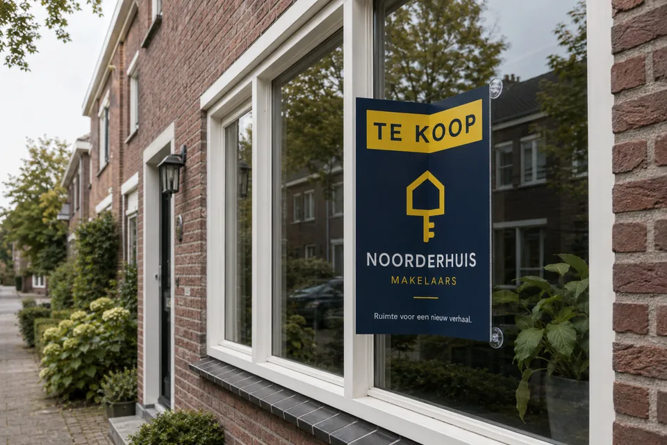 V-vormig te-koopbord van Noorderhuis aan een woningraam.