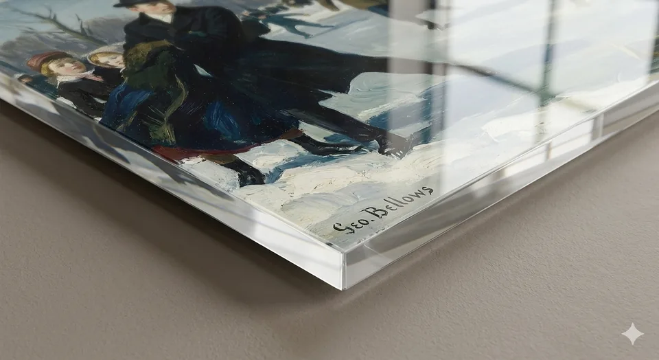 Close-up van de transparante rand en glans van plexiglas wanddecoratie.