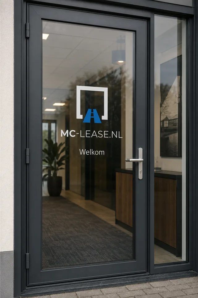 Raamsticker met MC Lease-logo en welkomsttekst op een glazen kantoordeur.