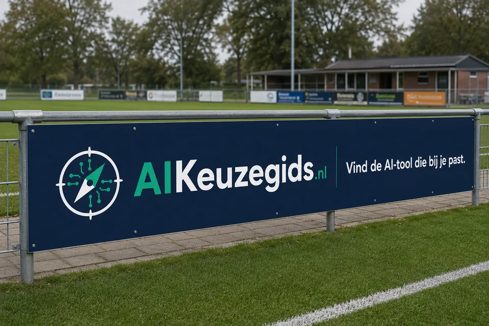 Reclamebord van AIKeuzegids langs een Nederlands sportveld.