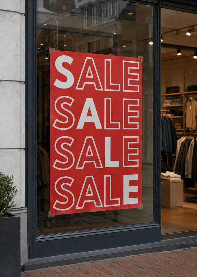Rode SALE-poster achter de winkelruit van een kledingwinkel.