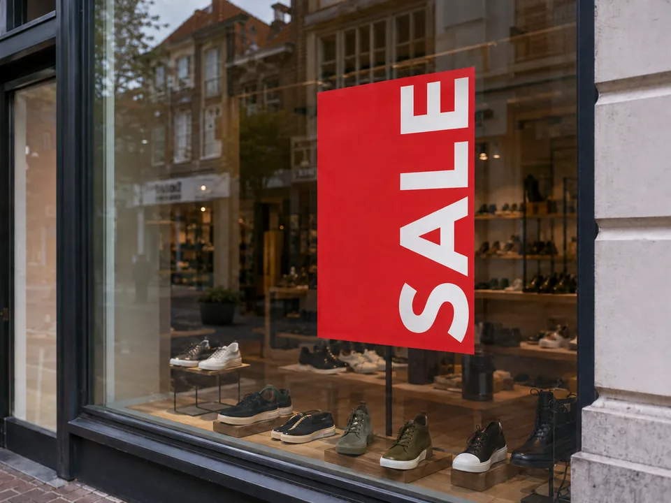 Verticale rode SALE-poster in de etalage van een schoenenwinkel.