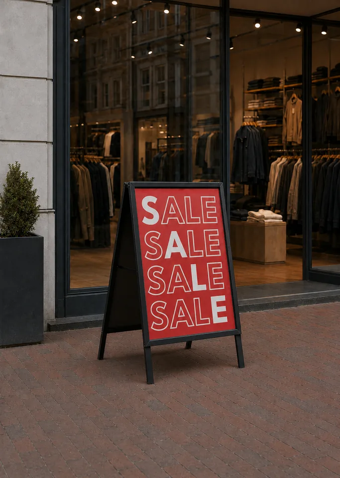 Stoepbord met een rode SALE-poster voor een winkel.
